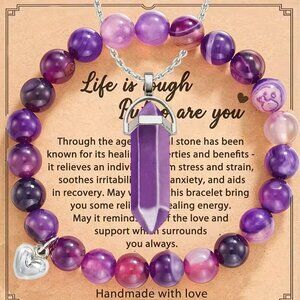 2pcs/set Amethyst Hexagonal Column Necklace and Purple Stripe Agate Bracelet